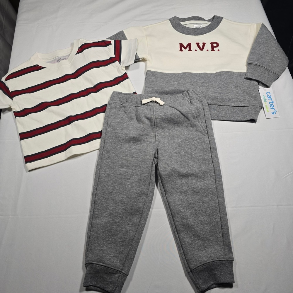 Carters 18Mo Boys 3pc Set MVP Sweatshirt Striped Tee Joggers Gray Red